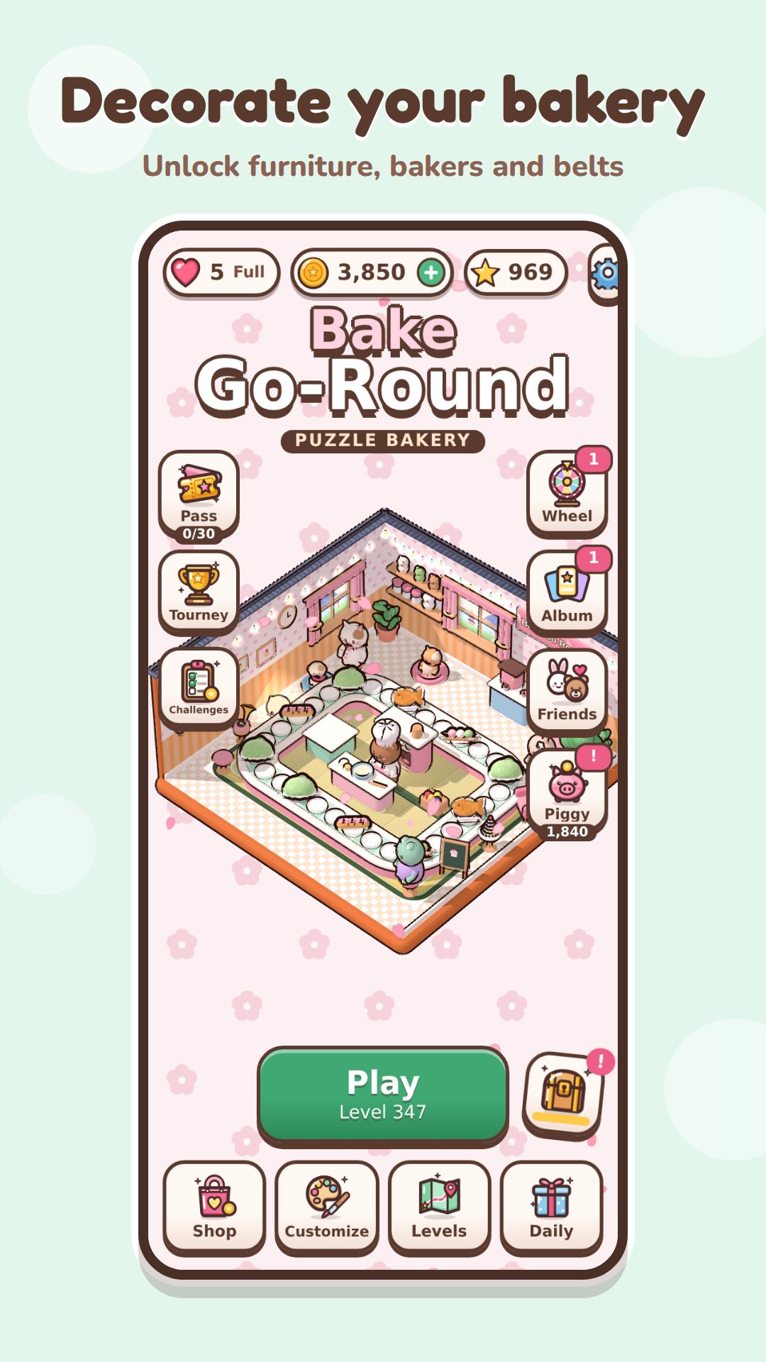 Main screen: the decorated bakery in an isometric view, with the button to play the next level and shortcuts to the shop, bakery, levels and daily gift.