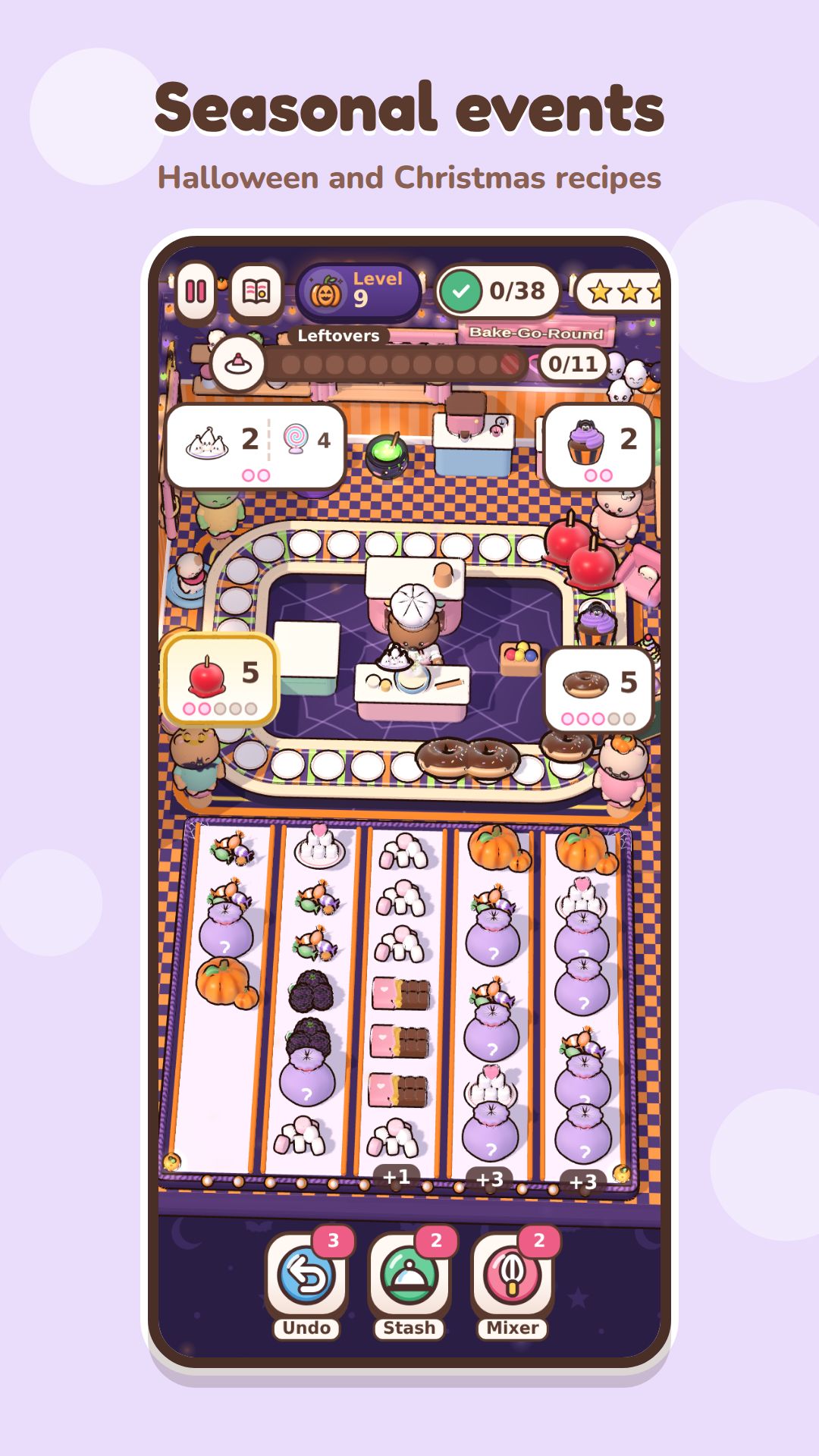 A Halloween event level with purple decorations, pumpkins, candy apples and event-specific recipes.