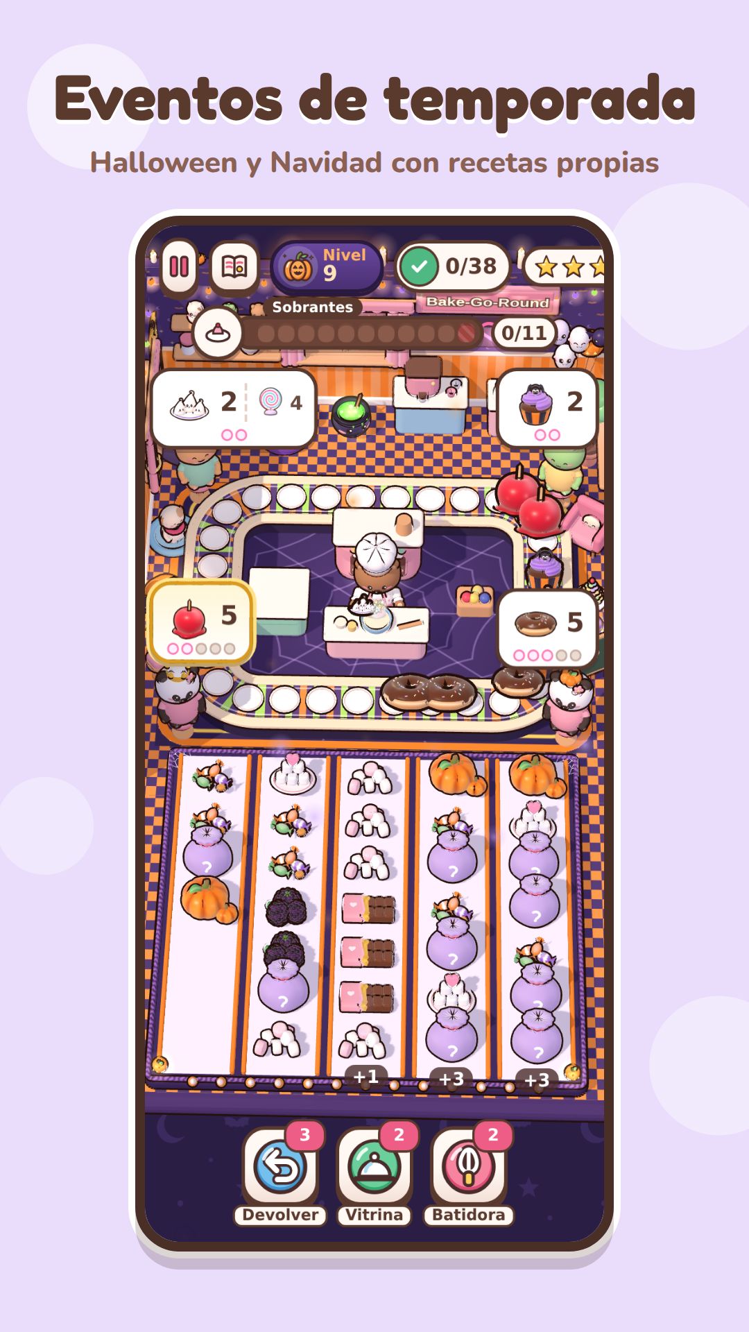 Nivel especial de Halloween con decoración morada, calabazas, manzanas de caramelo y recetas propias del evento.
