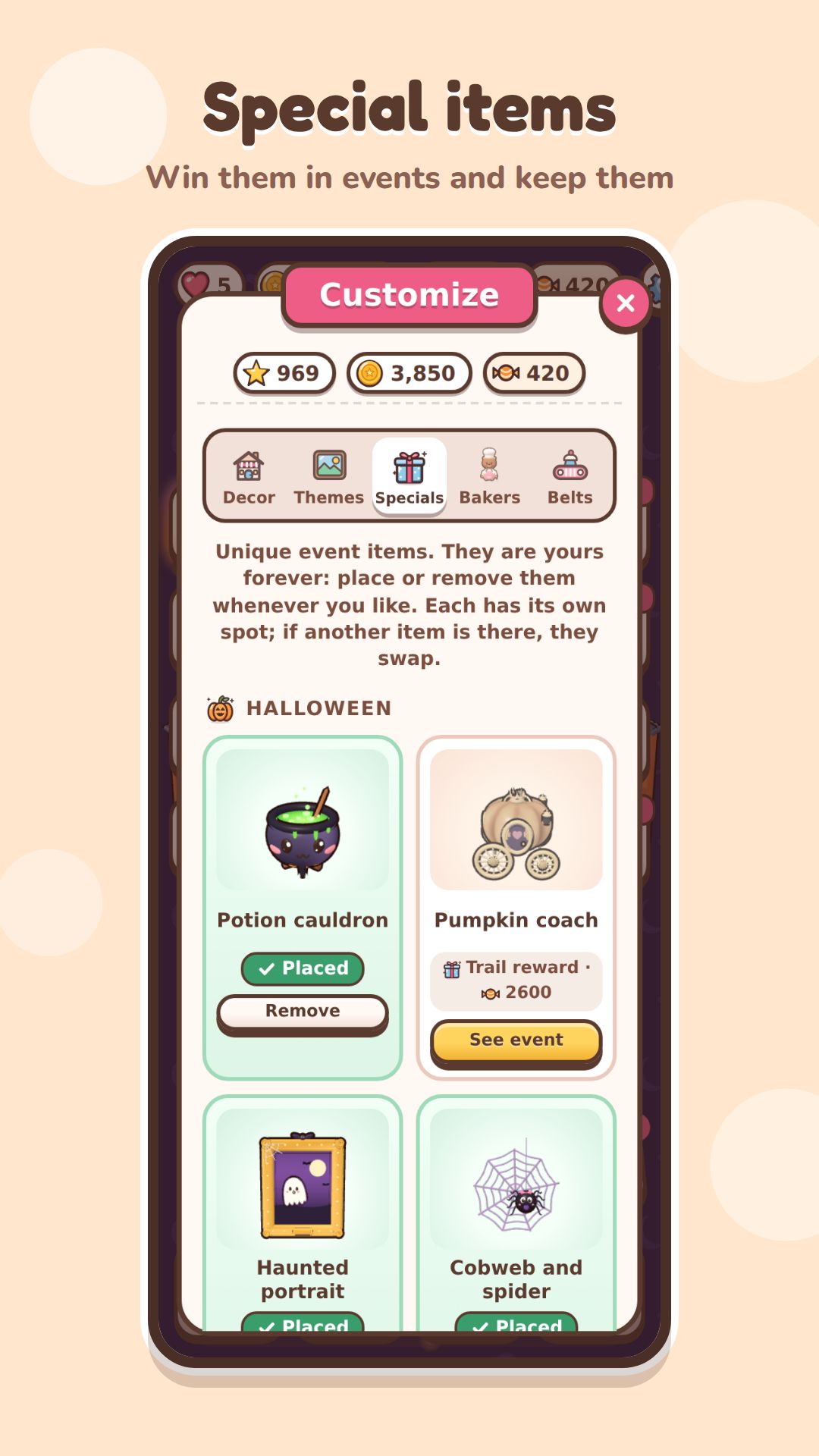 Customisation screen with permanent event items such as a cauldron, pumpkin carriage and enchanted portrait.