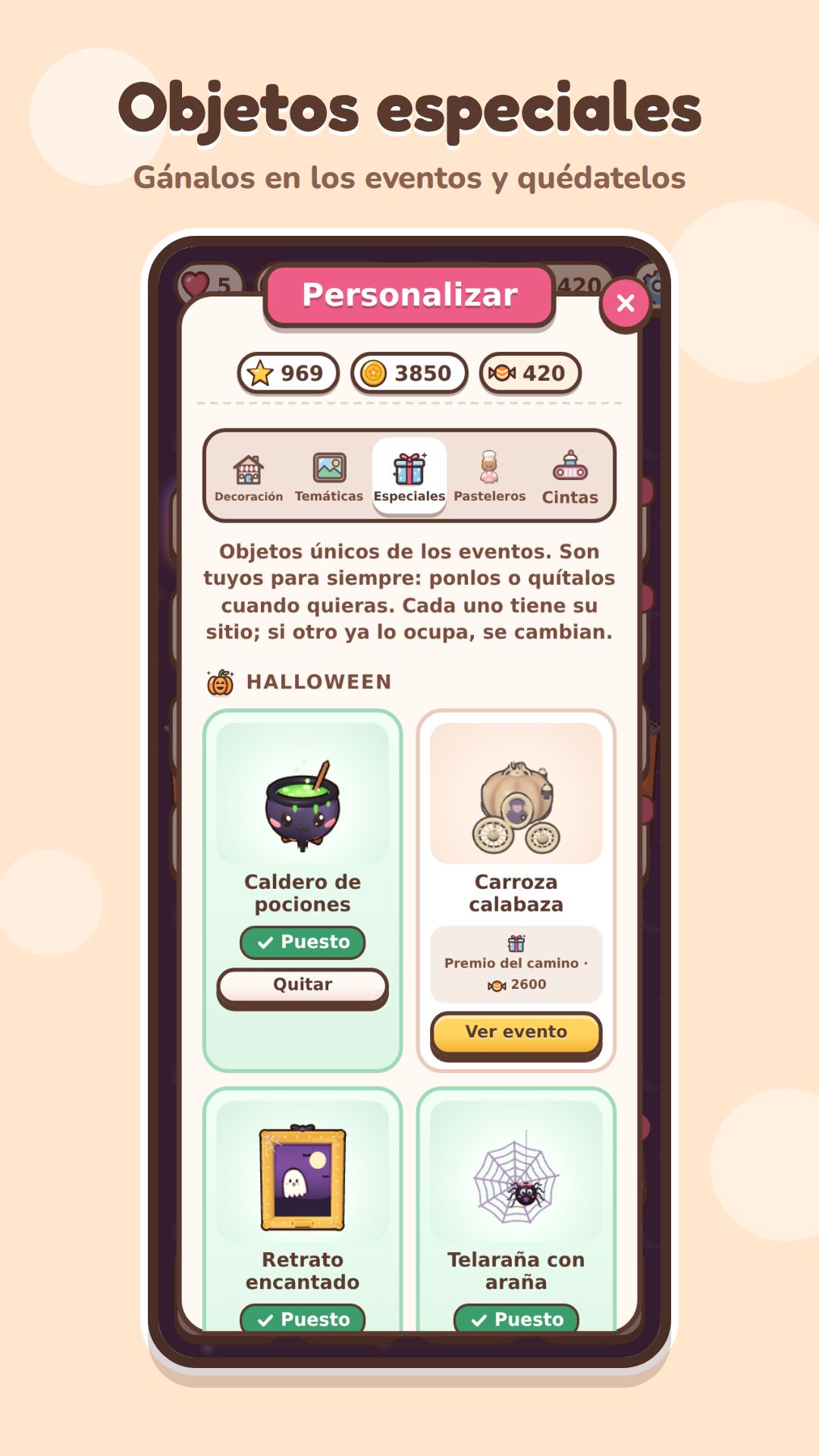 Pantalla de personalización con objetos permanentes ganados en eventos, como un caldero, una carroza de calabaza y un retrato encantado.