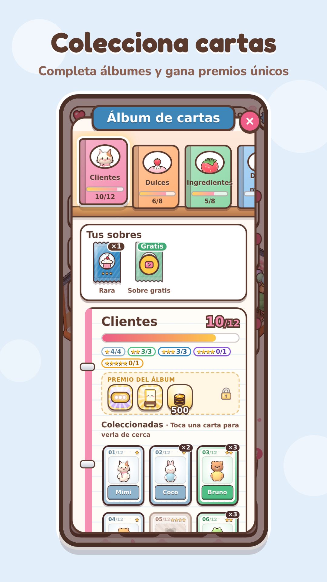Álbum de cartas con colecciones de clientes, dulces e ingredientes, sobres disponibles y premios por completar páginas.