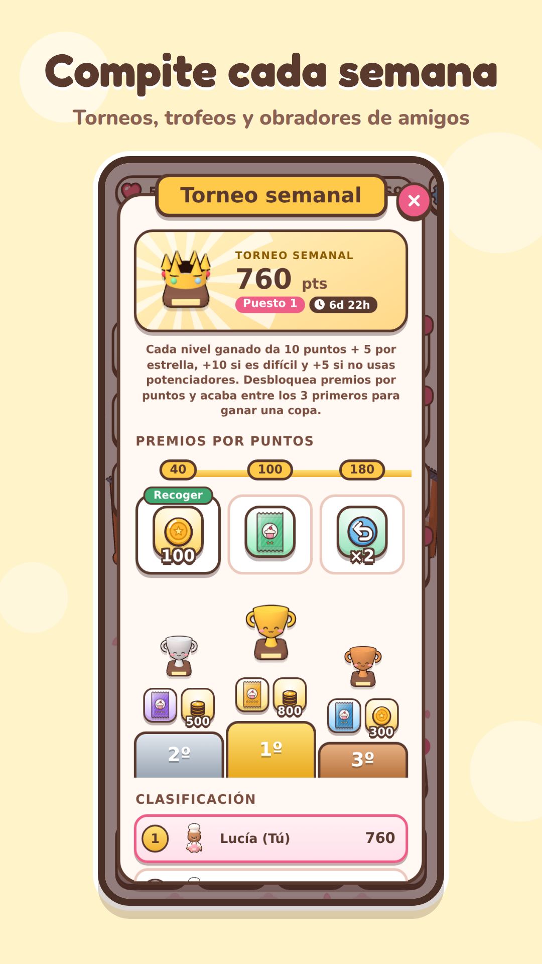 Torneo semanal con puntos, premios por hitos, trofeos para los tres primeros y una clasificación de jugadores.