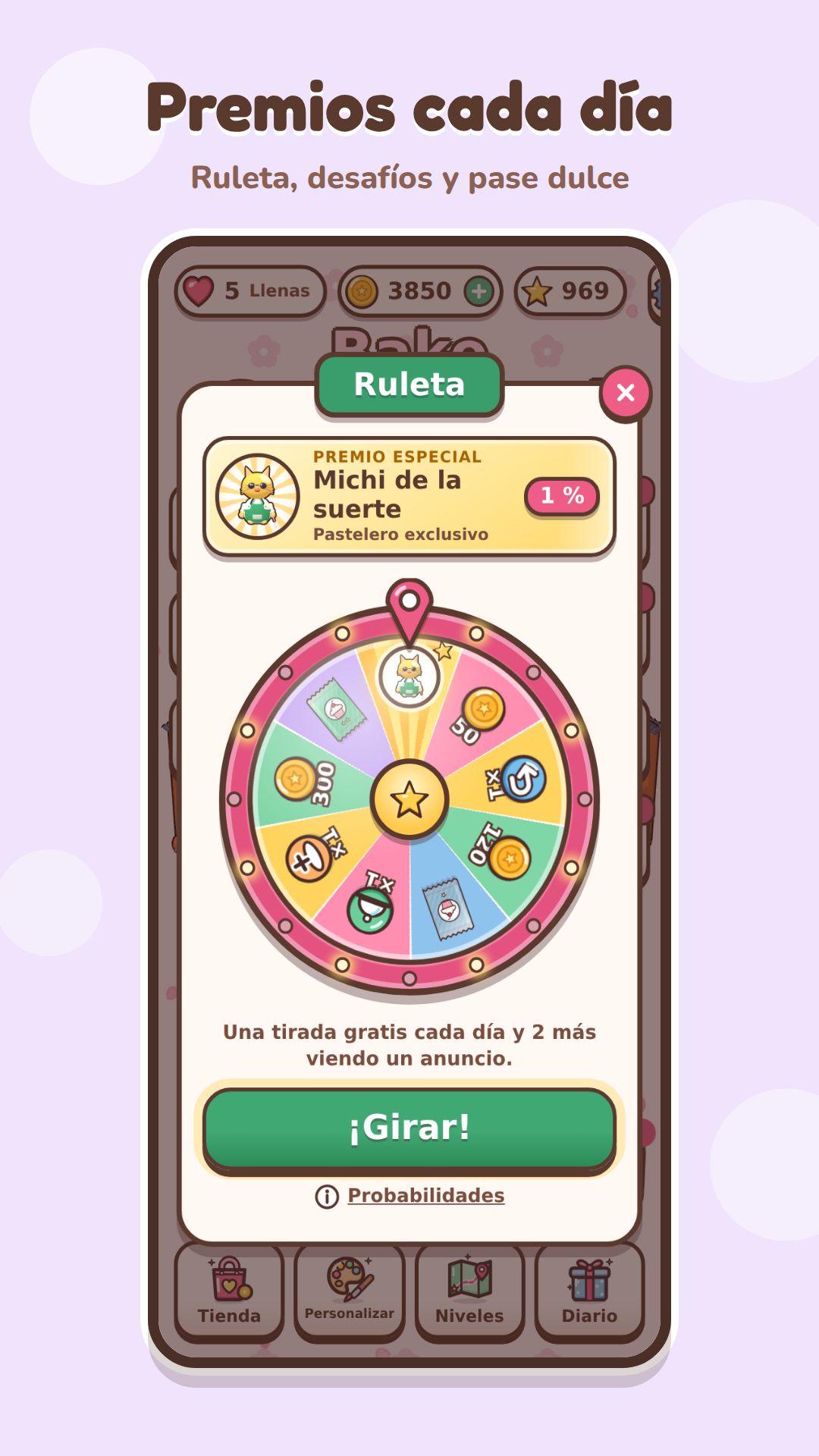 Ruleta diaria con las probabilidades visibles y premios de monedas, sobres, potenciadores y un pastelero especial.