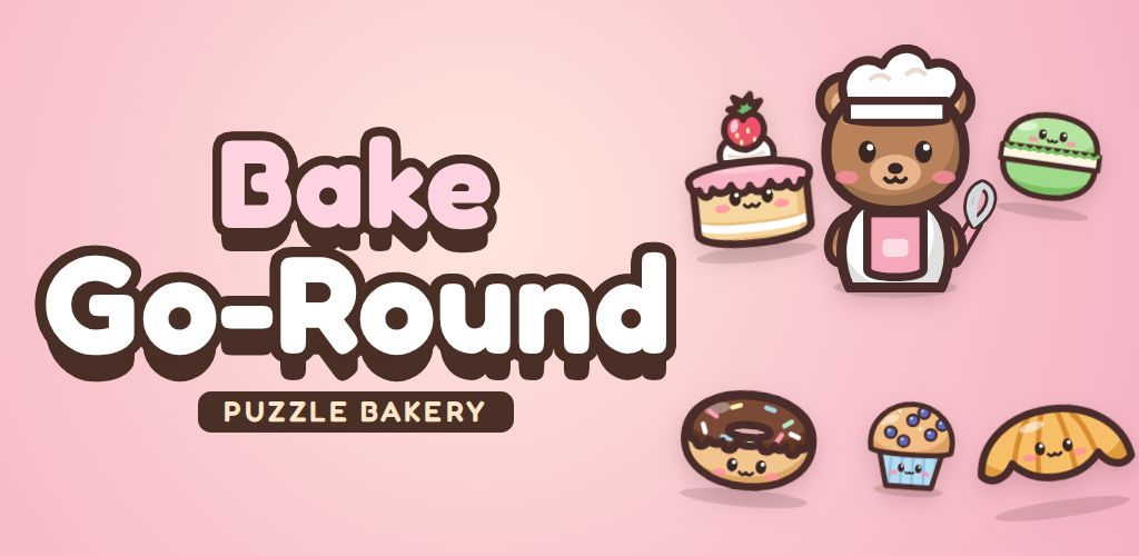 Bake-Go-Round, puzzle bakery: a bear baker surrounded by a smiling strawberry cake, doughnut, muffin, macaron and croissant.